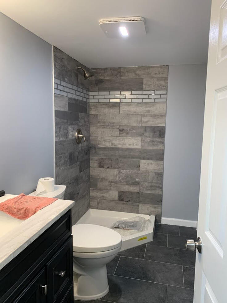 Bathroom (AFTER) with Blue Gray walls with White door, ceiling &amp; borders